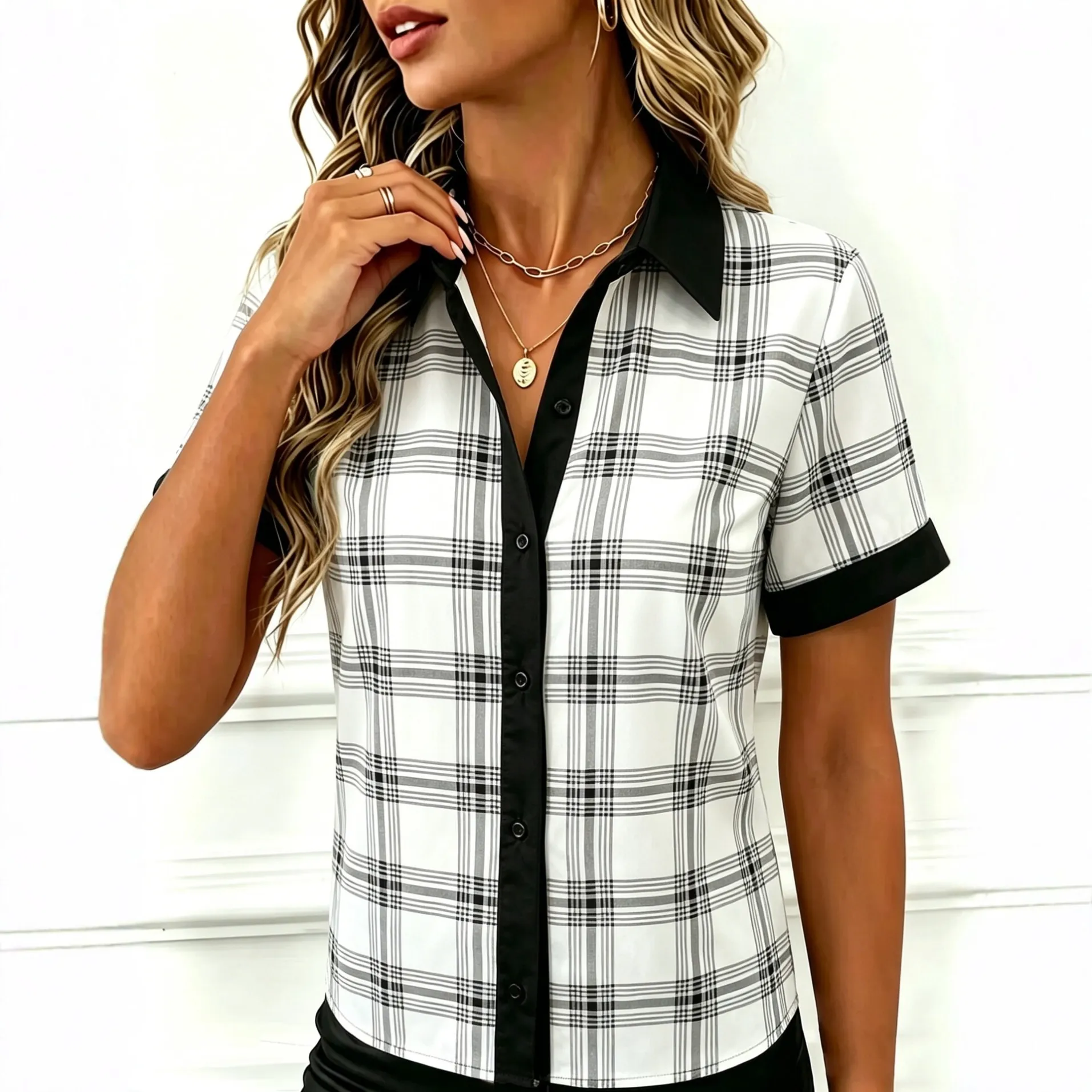 striped polka dot short sleeve contrast trim shirt xlk0085-1 front view
