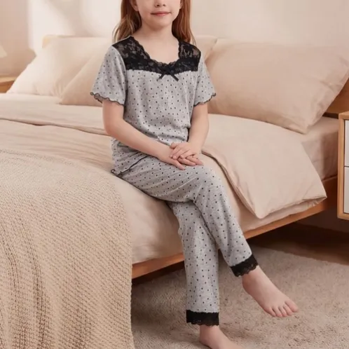 short sleeve lace trim polka dot pajama set xlkl581 color option