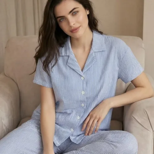 short sleeve button front striped long pants pajama set xlkte-155 front view