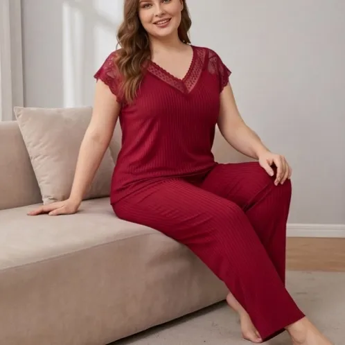 plus size short sleeve v-neck lace trim solid color long pants pajama set xlkl515 front view