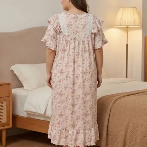 plus size short sleeve v-neck lace trim printed nightdress xlkl526 detail view