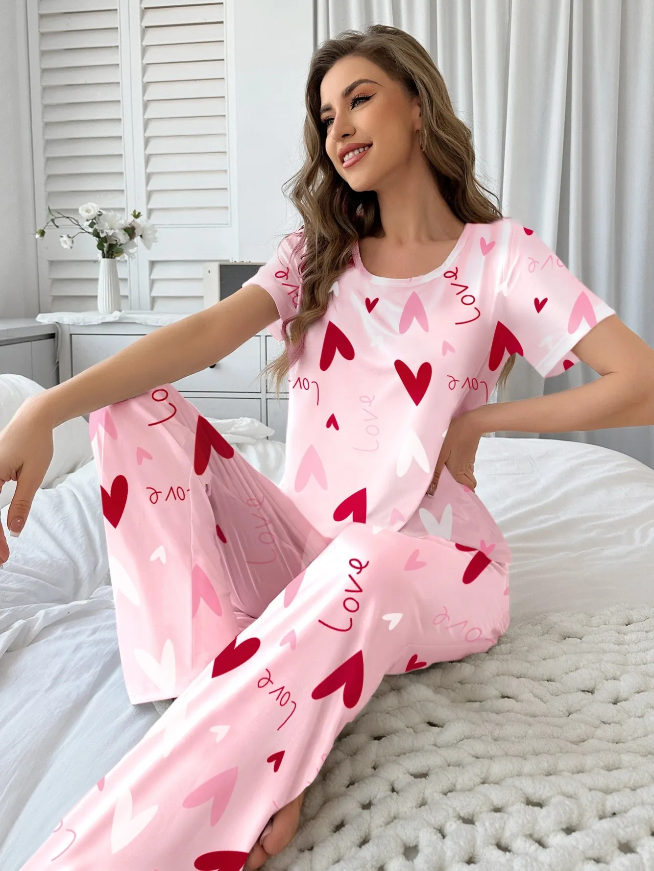 women milk silk printed short sleeve long pants pajama set xlk93066 lifestyle view