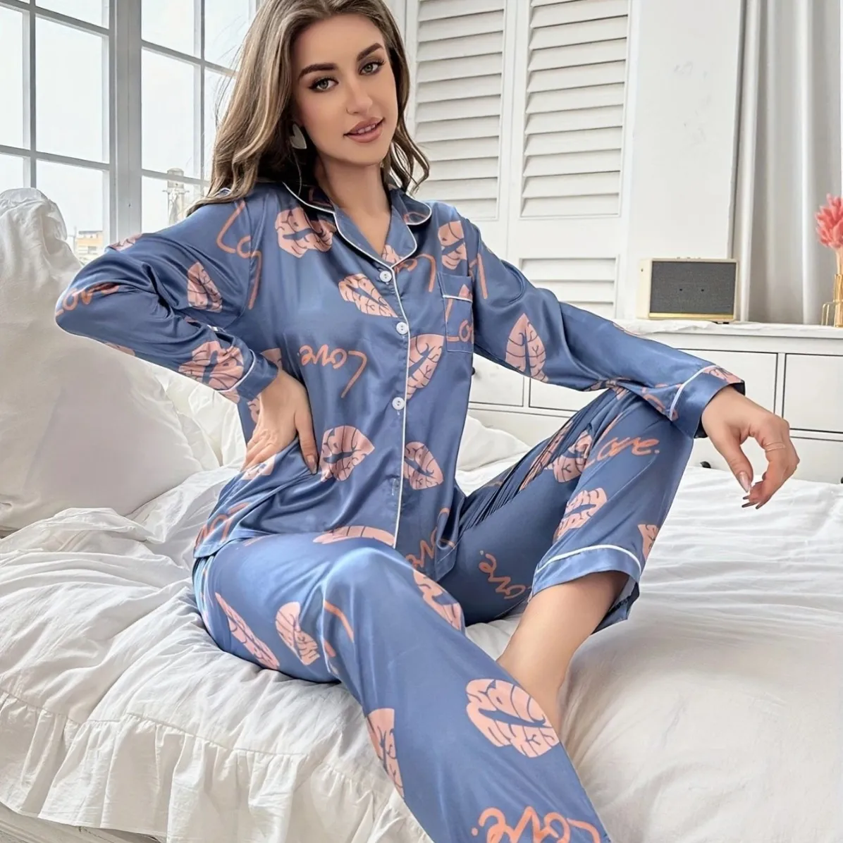women milk silk lightweight printed long sleeve long pants pajama set xlk222007 front view