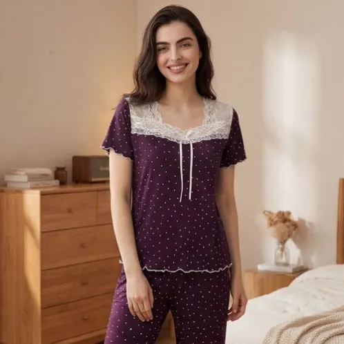 short sleeve lace trim polka dot printed pajama set xlkl465 detail view