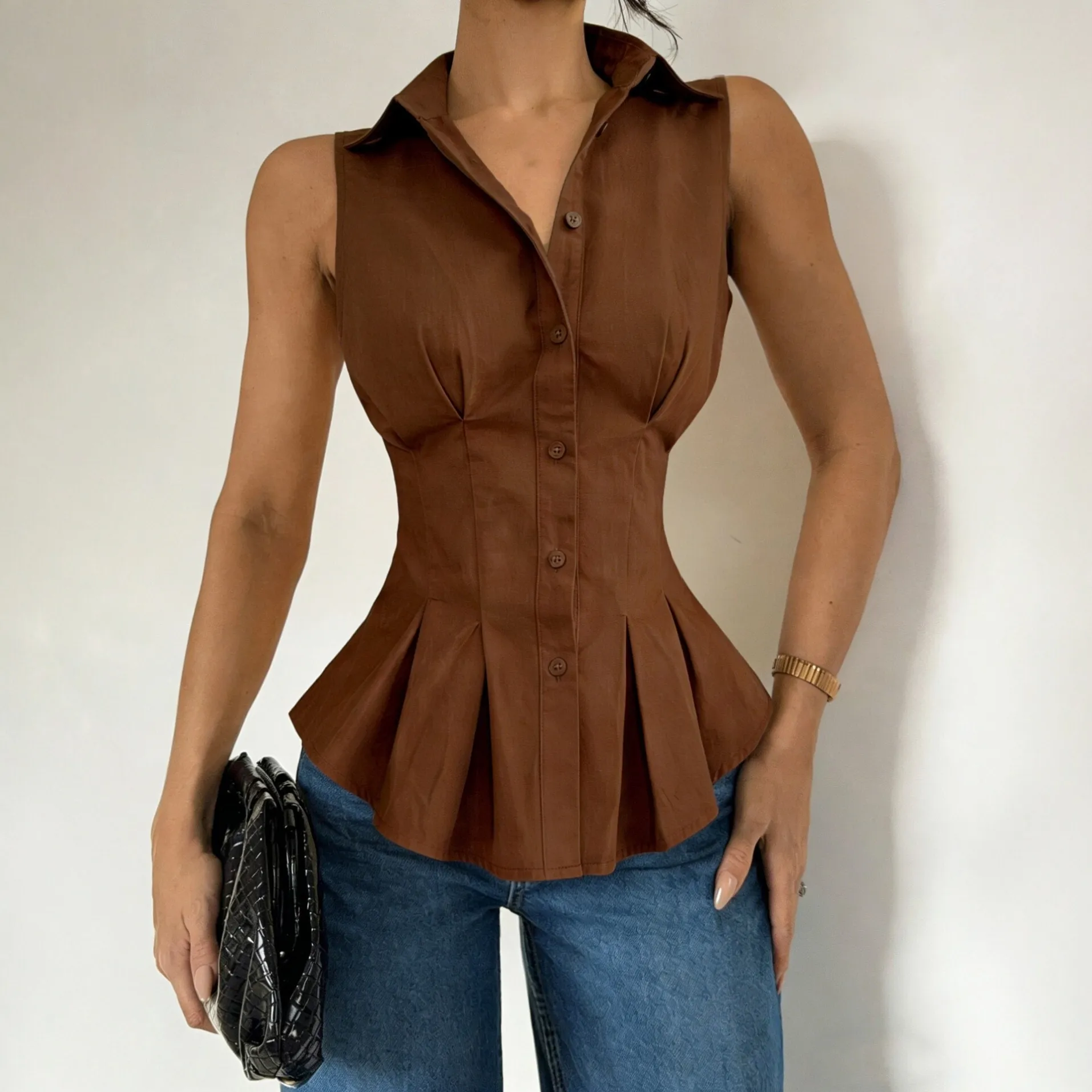 lapel collar sleeveless ruffle waist tie ruched blouse xlk0097 front view