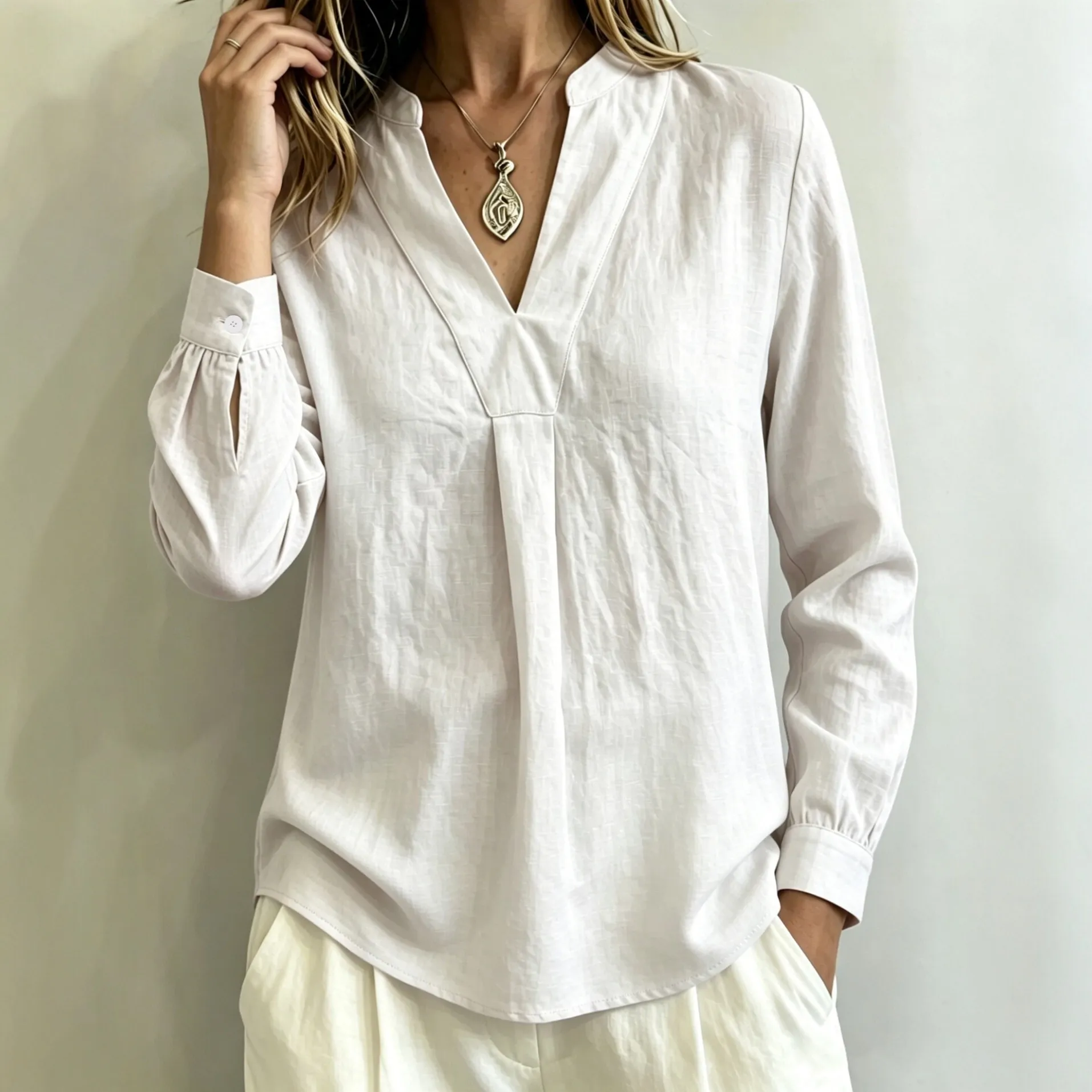 v-neck stand collar long sleeve loose fit slim fit blouse xlk0146 front view