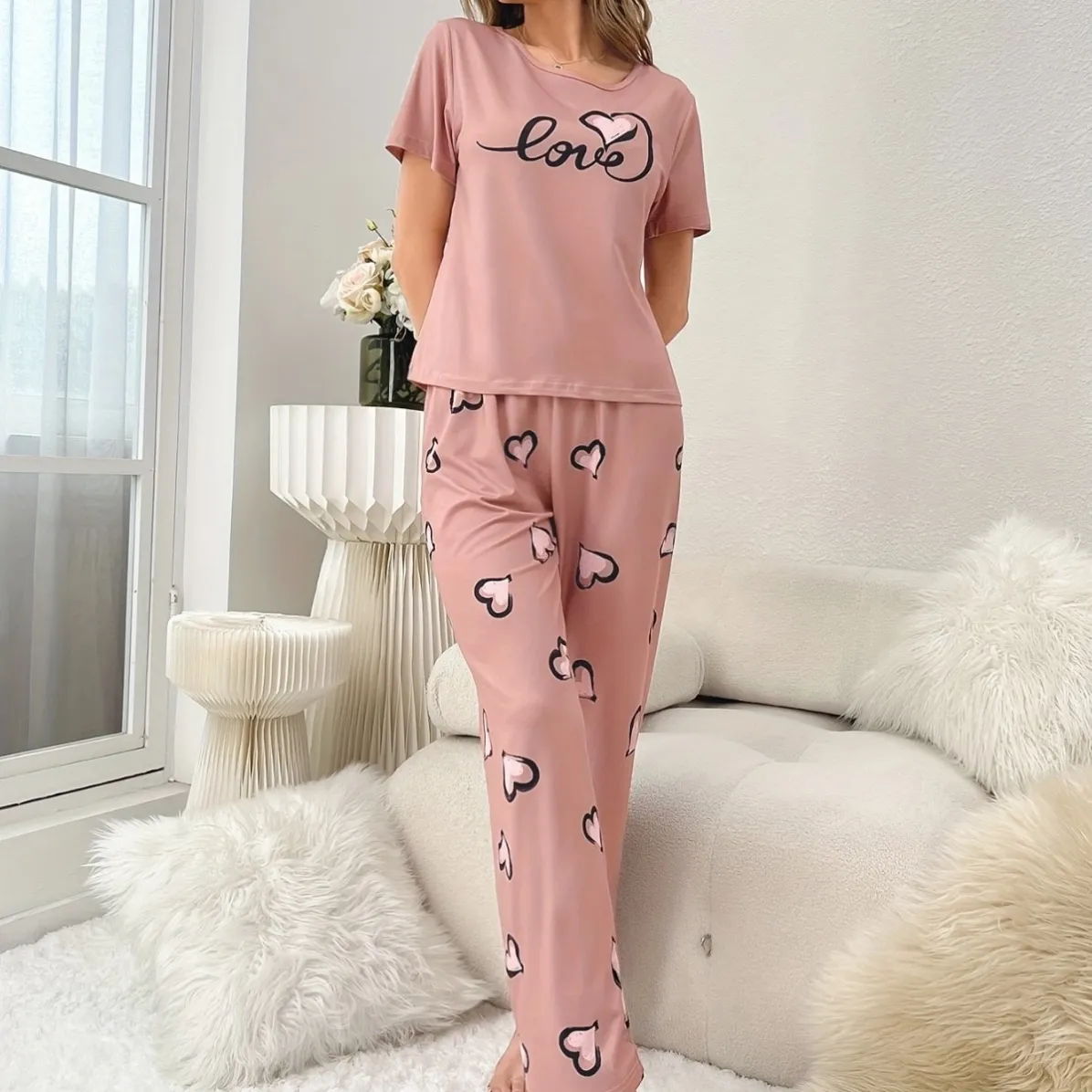 women milk silk lightweight printed short sleeve long pants pajama set xlk93050 lifestyle view