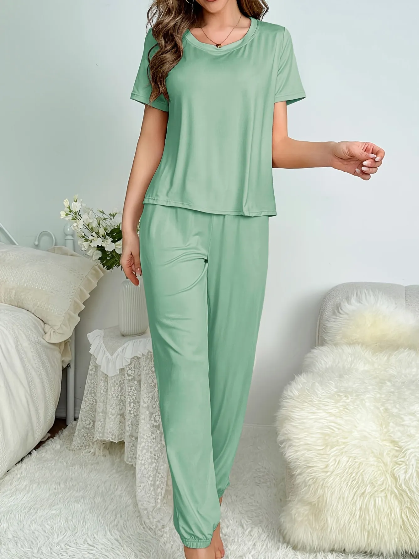 women milk silk lightweight pajama set xlk93012-1 lifestyle view