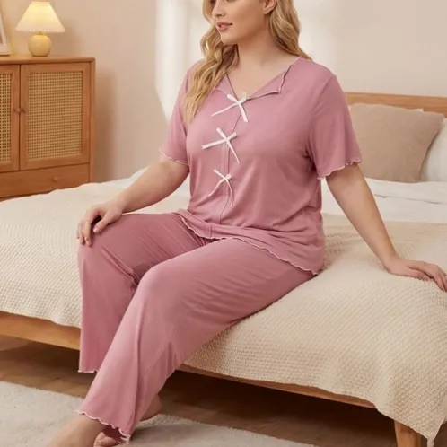 plus size short sleeve printed pajama set xlkl552 front view