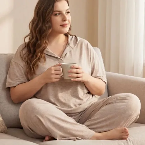 plus size short sleeve solid color long pants pajama set xlkte-165 color option