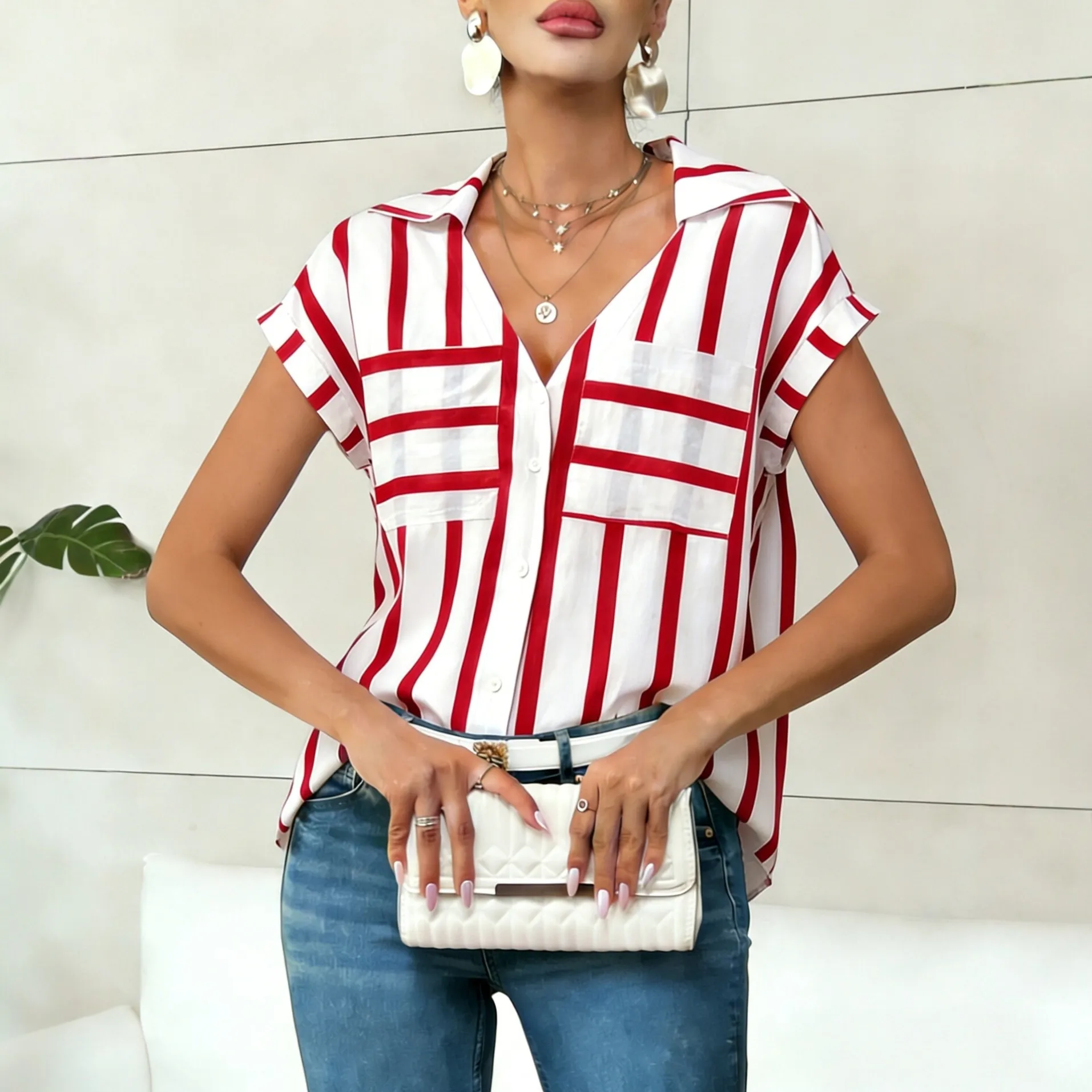 striped v-neck loose fit pocket shirt xlk0092 front view
