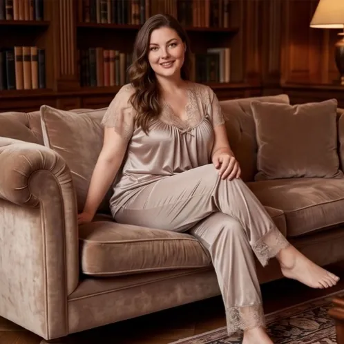 plus size short sleeve lace trim long pants pajama set xlkl187 detail view