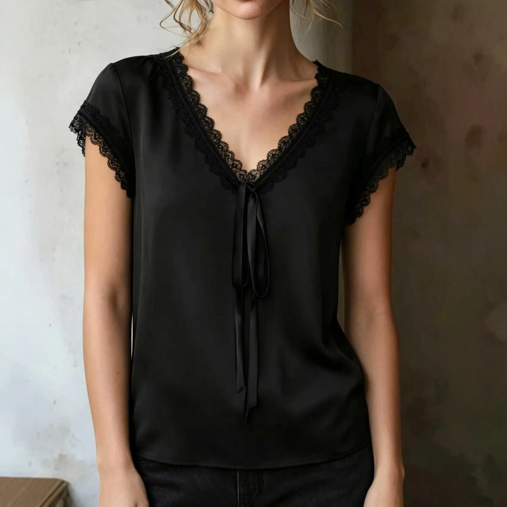 satin lace trim v-neck short sleeve tie front blouse xlk0083 front view