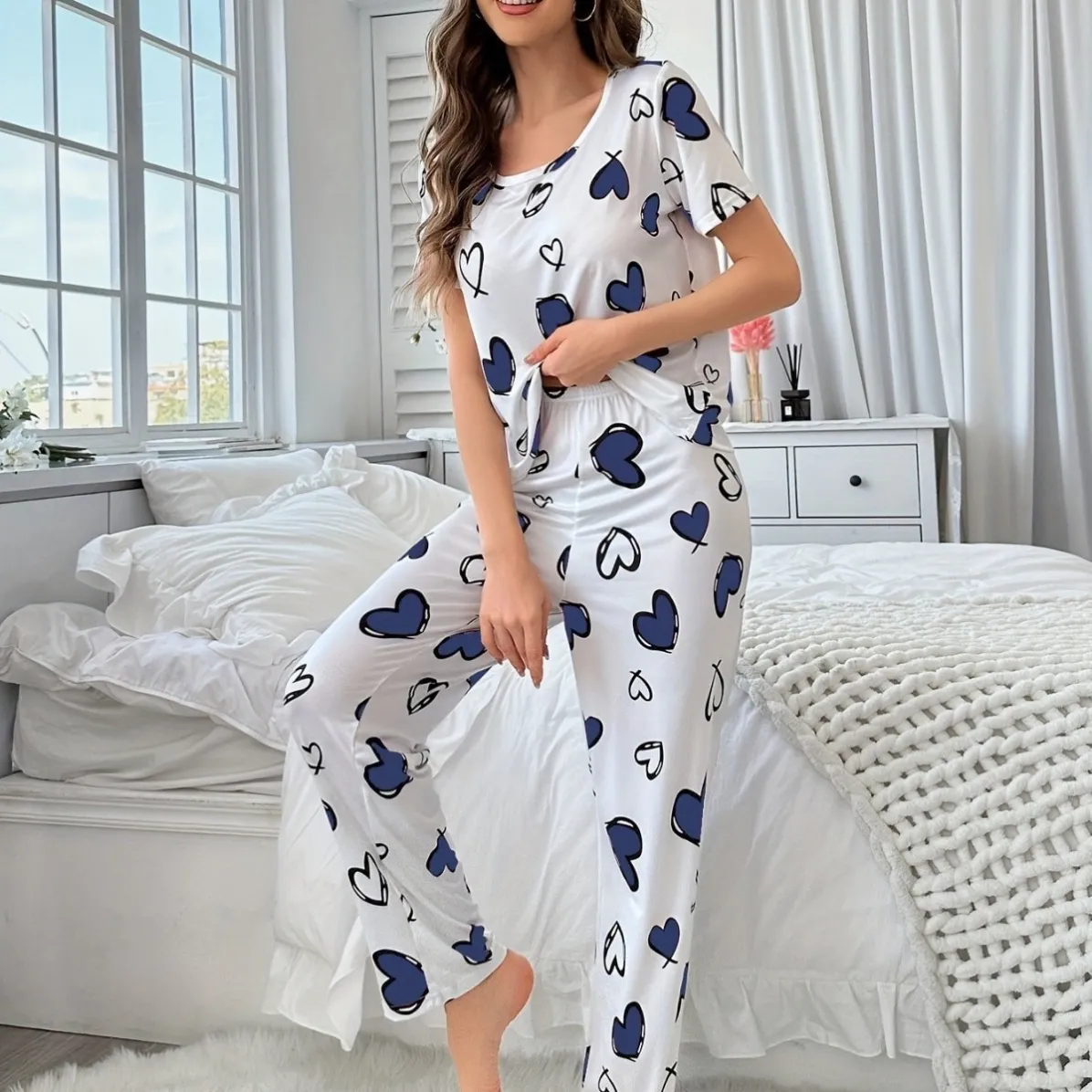 women milk silk printed short sleeve long pants pajama set xlk93075 lifestyle view