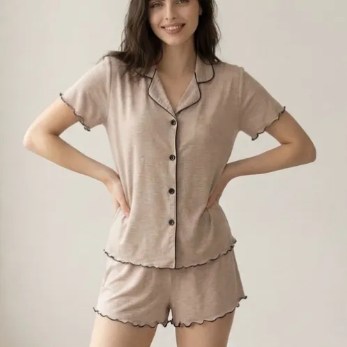 button front long pants shorts pajama set xlkte-169 front view