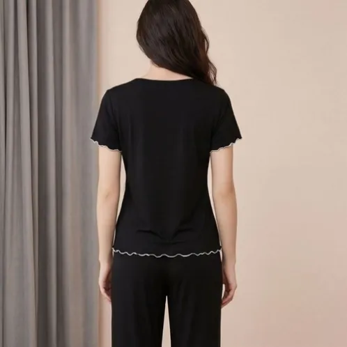 short sleeve lace trim long pants pajama set xlkte-154 detail view