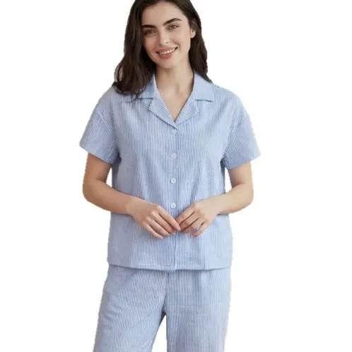 short sleeve button front striped long pants pajama set xlkte-155 front view