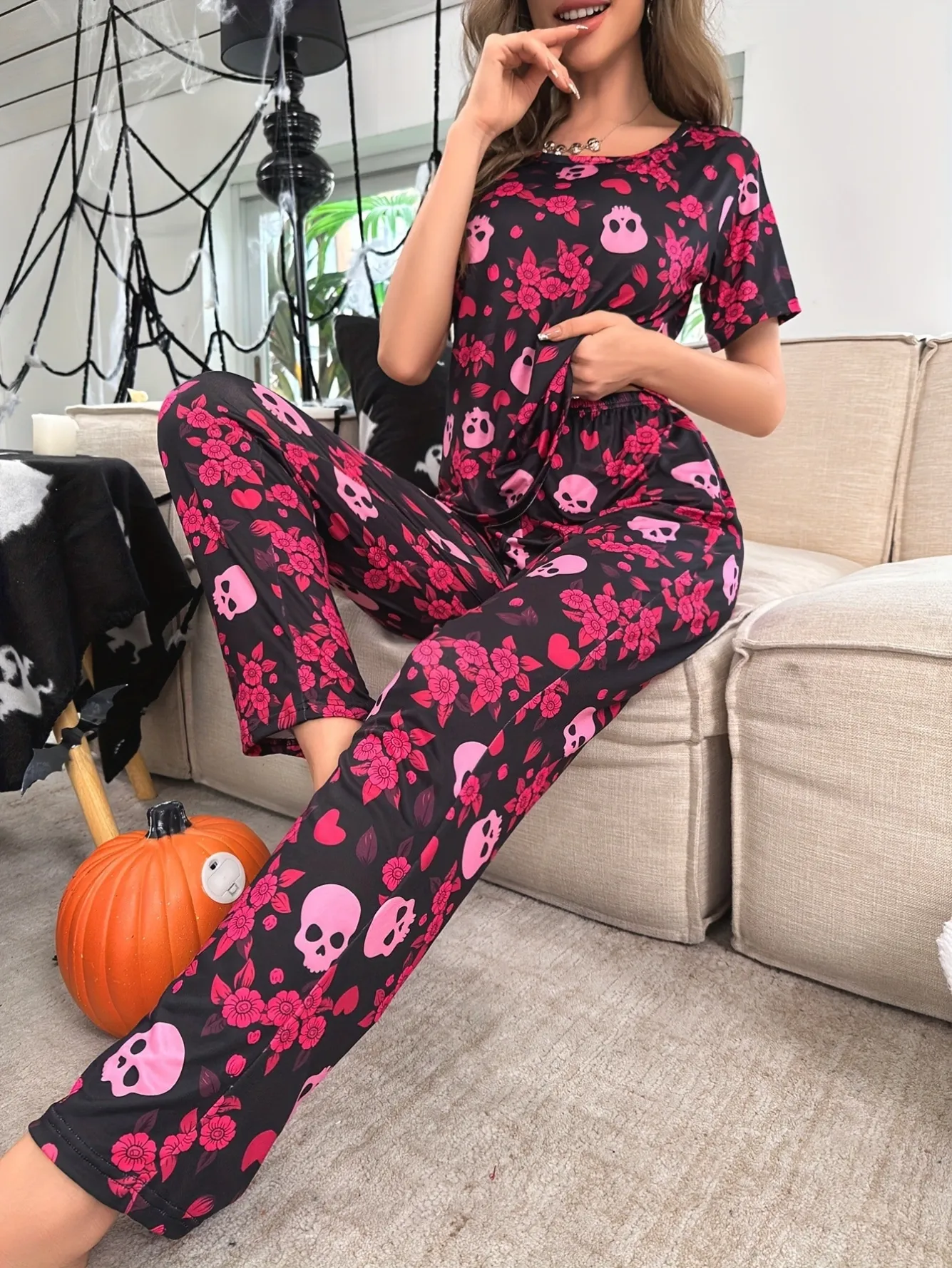 women milk silk lightweight printed pajama set xlk93025 lifestyle view