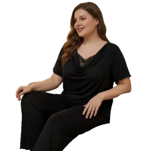 plus size short sleeve lace trim long pants pajama set xlkl601 detail view