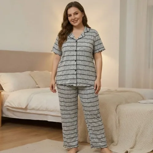 plus size short sleeve button front striped long pants pajama set xlkl585 front view
