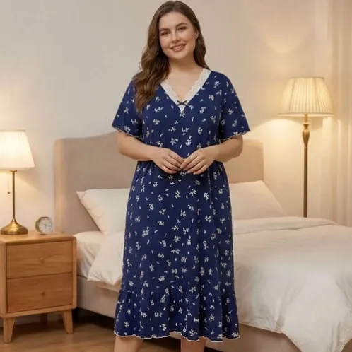 plus size short sleeve lace trim printed nightdress xlkl509 front view