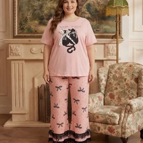 plus size short sleeve lace trim printed pajama set xlkl407 detail view
