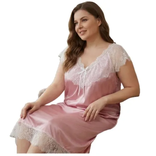 plus size short sleeve lace trim solid color nightdress xlkl359 color option