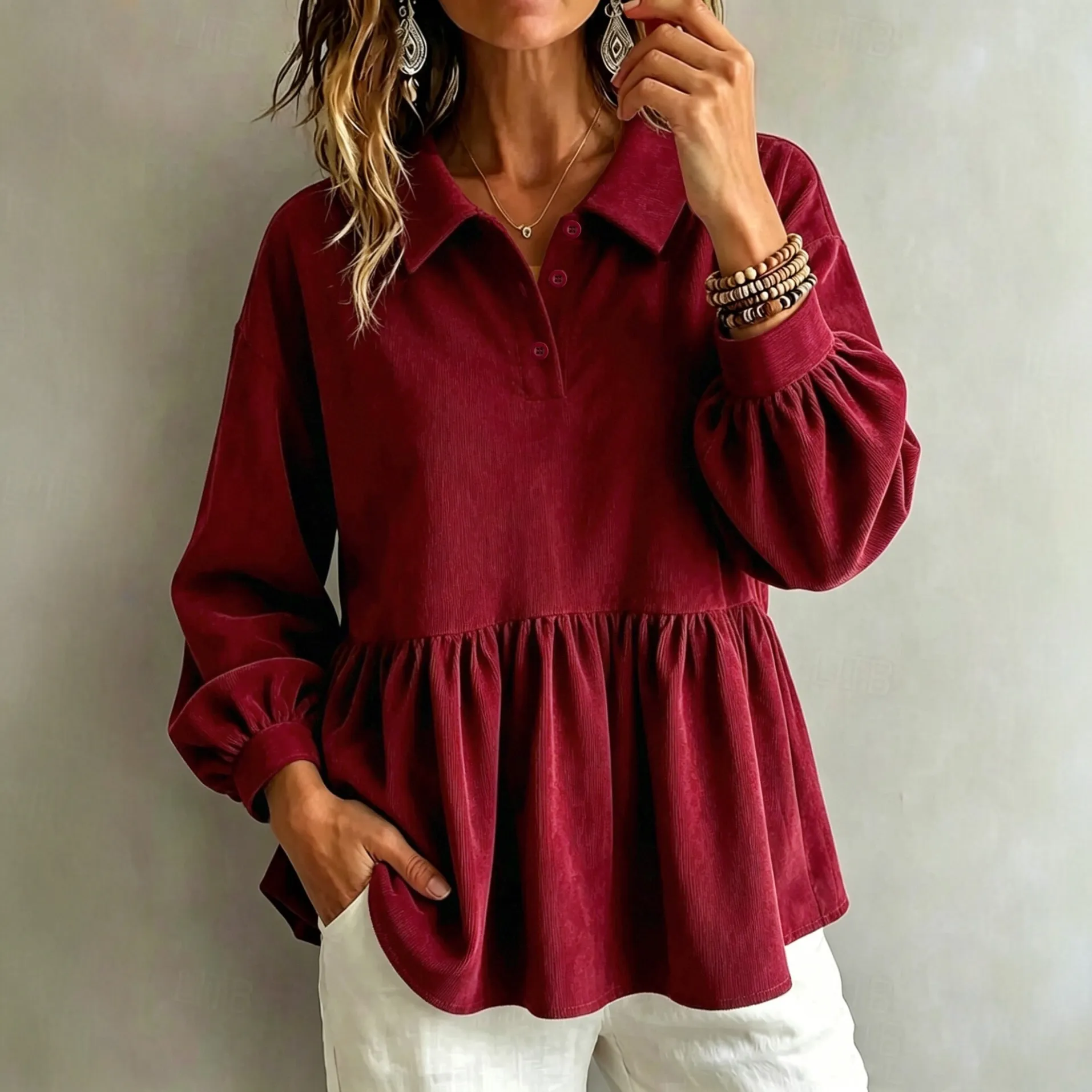 corduroy lantern sleeve waist tie loose fit blouse xlk0156 front view