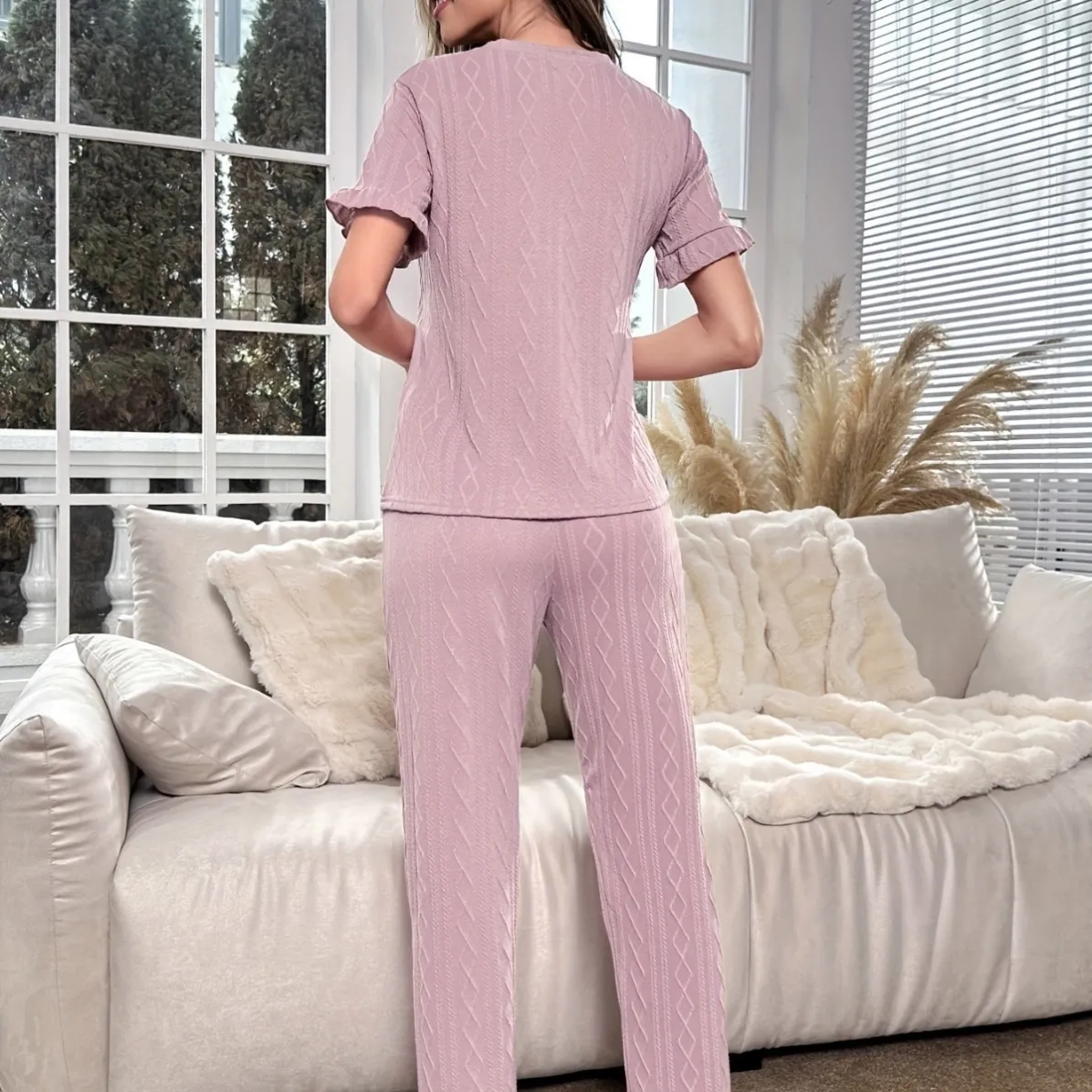 women milk silk lightweight ruffle trim short sleeve long pants pajama set xlk9831 lifestyle view