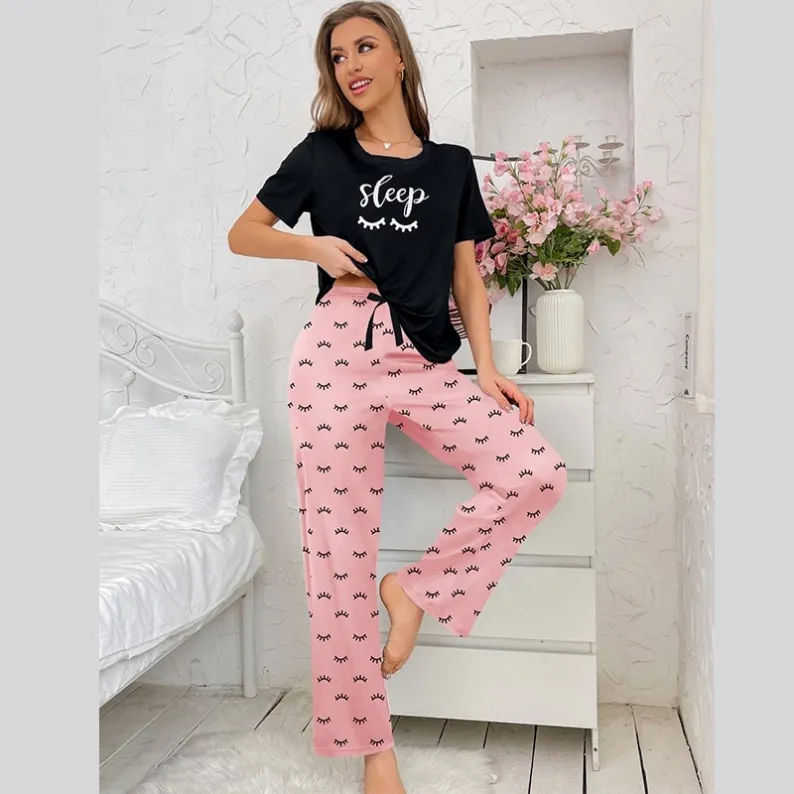 women milk silk lightweight printed short sleeve long pants pajama set xlk93053 lifestyle view