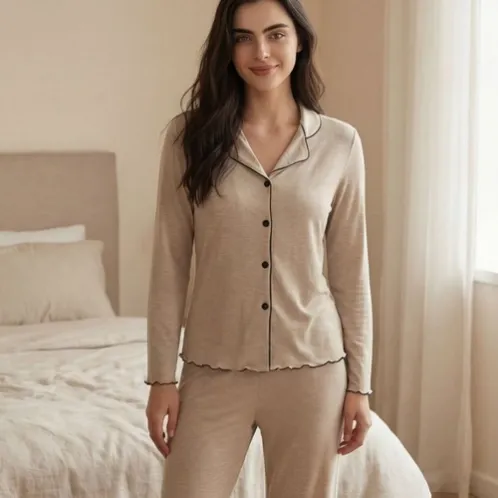 long sleeve lapel collar button front pajama set xlkl633 front view