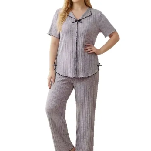 short sleeve lapel collar solid color long pants pajama set xlkl612 color option
