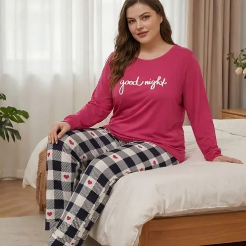 plus size long sleeve printed solid color long pants pajama set xlkl746 front view