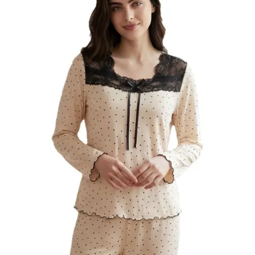 long sleeve lace trim polka dot printed long pants pajama set xlkl765 detail view