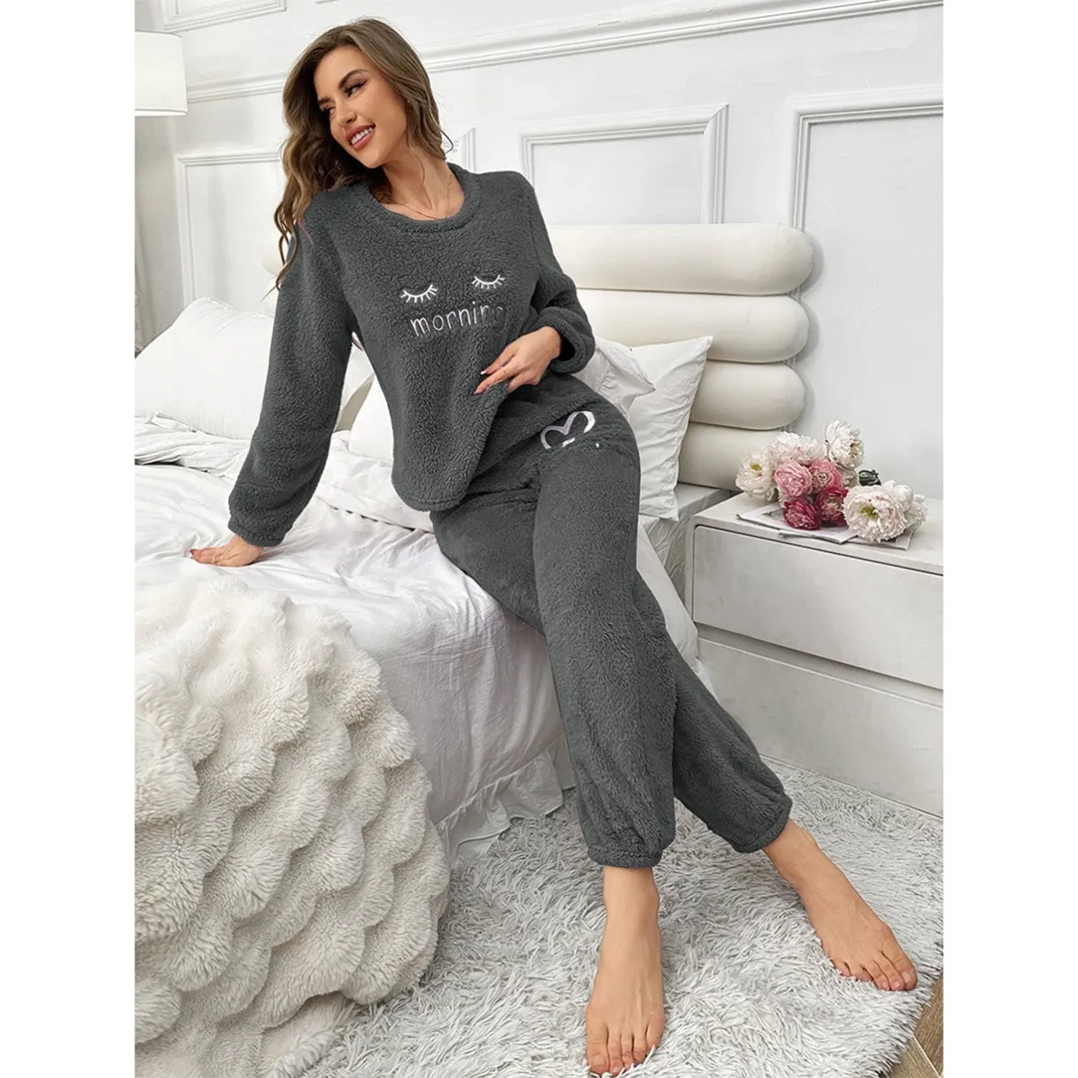 women flannel warm cartoon print pajama set xlk5117 lifestyle view