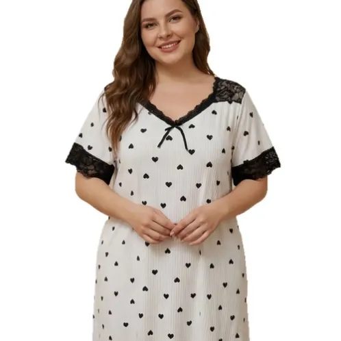 plus size short sleeve lace trim printed nightdress xlkte-141 front view