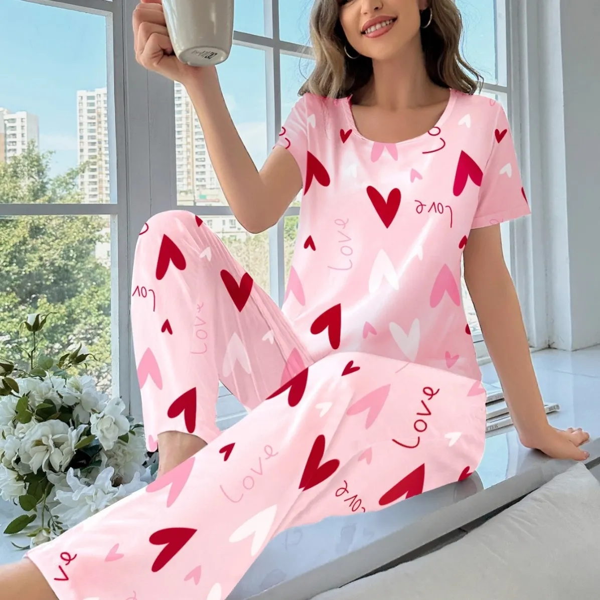 women milk silk printed short sleeve long pants pajama set xlk93066 lifestyle view