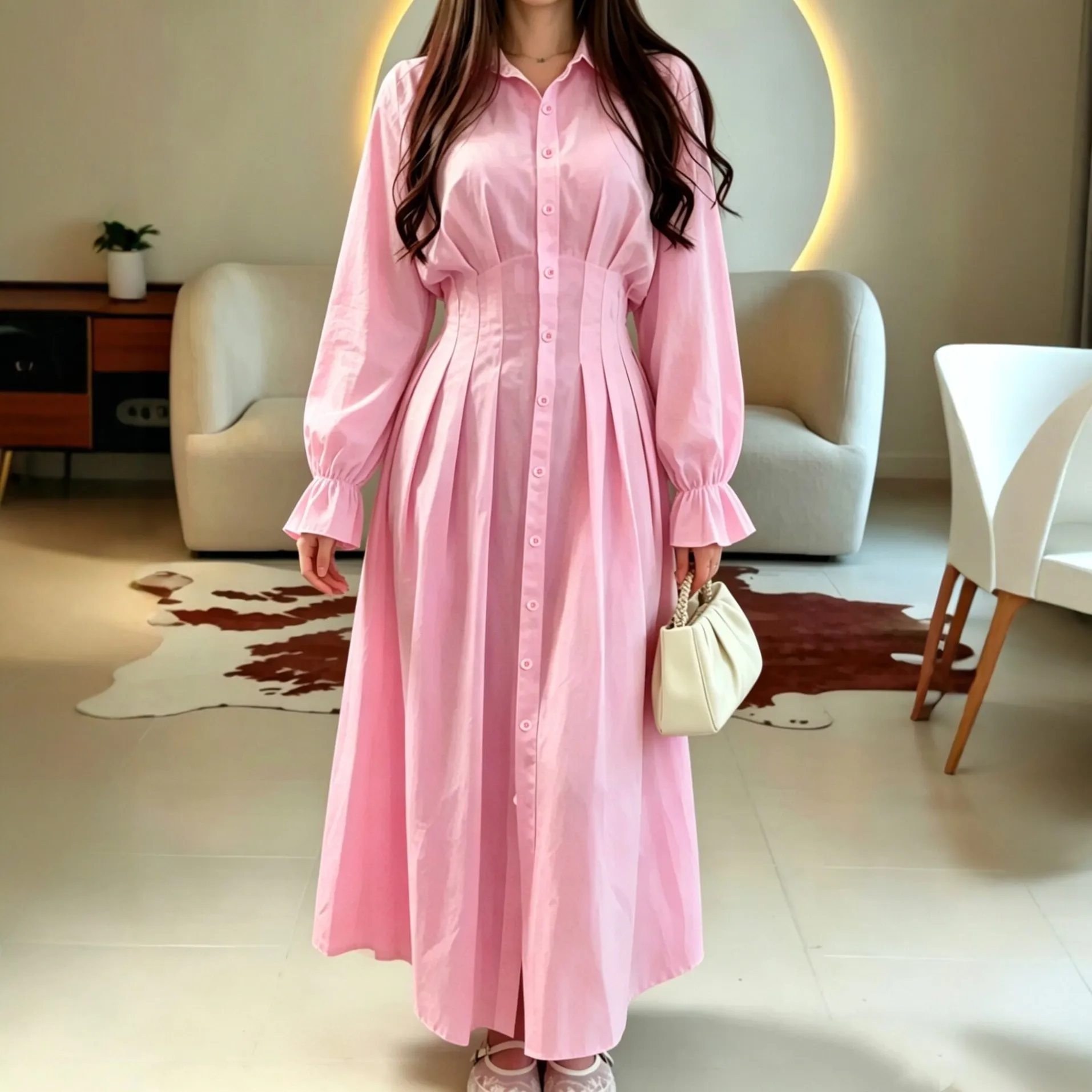 lapel collar long sleeve ruffle waist tie ruched shirt dress xlk0147 front view