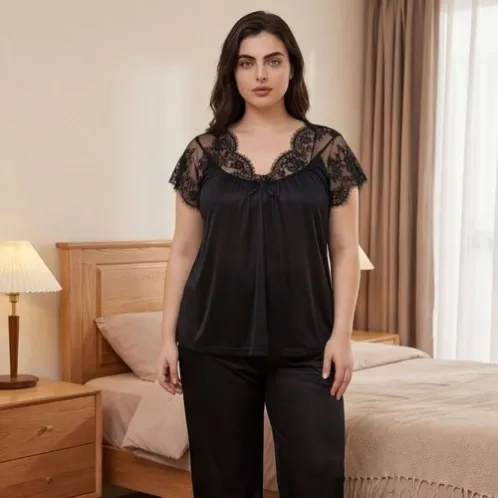 plus size short sleeve lace trim long pants pajama set xlkl187 detail view