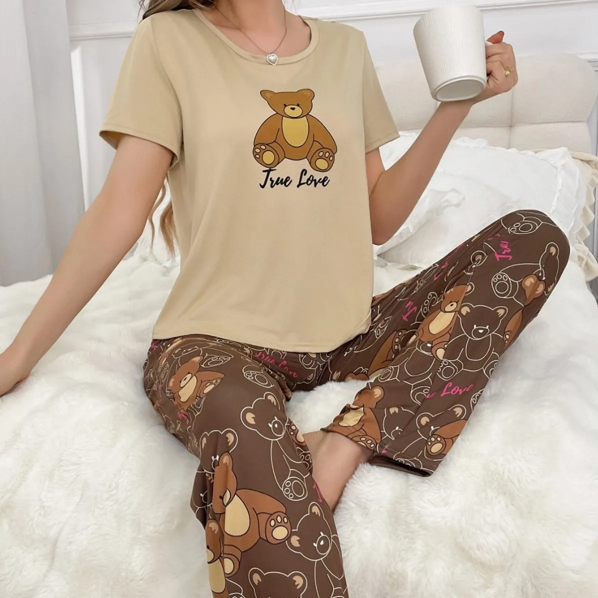 women milk silk lightweight cartoon print pajama set xlk28864 front view