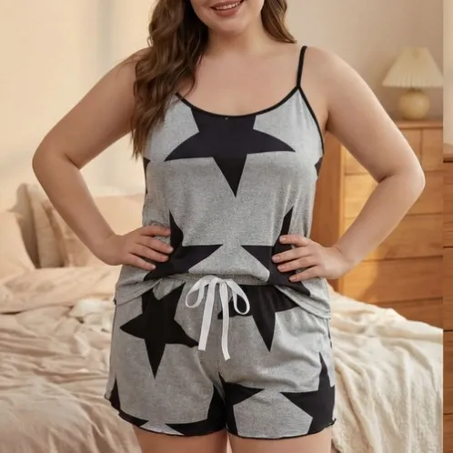 plus size sleeveless printed shorts pajama set xlkte-021 detail view