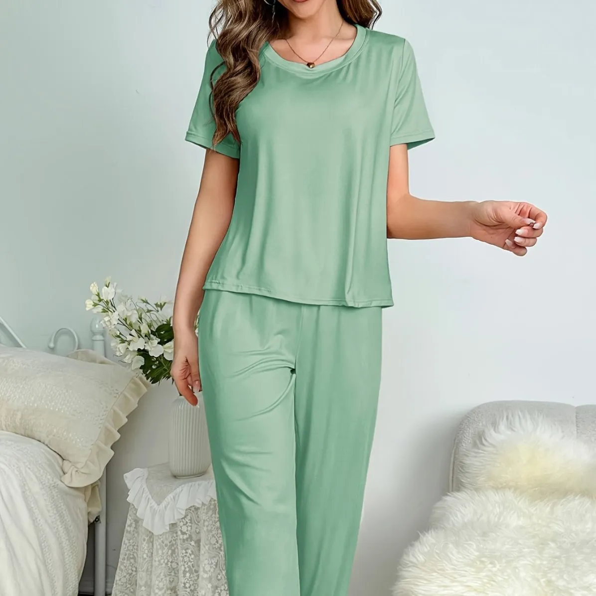 women milk silk lightweight pajama set xlk93012-1 lifestyle view