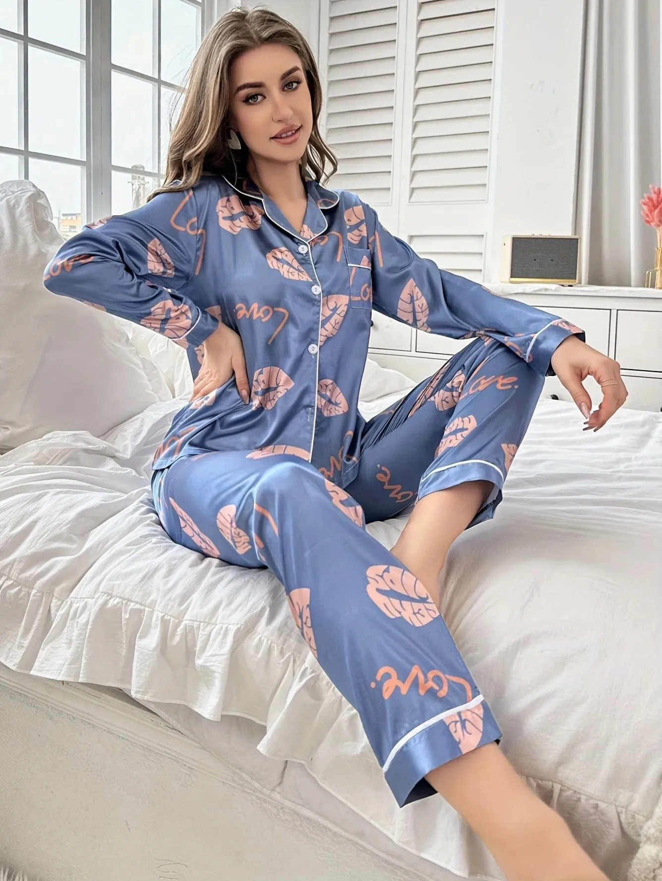 women milk silk lightweight printed long sleeve long pants pajama set xlk222007 lifestyle view
