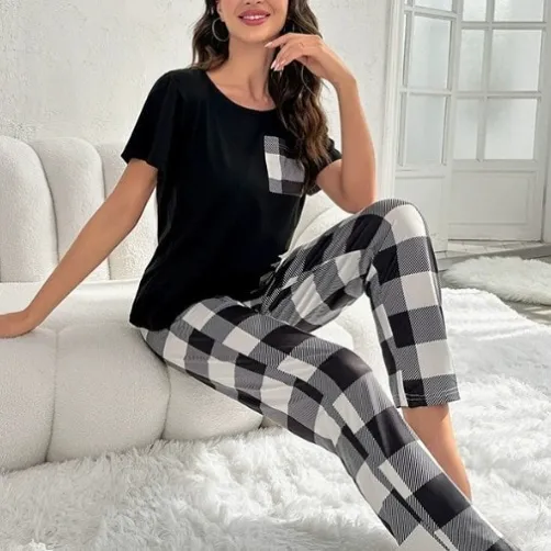 women milk silk lightweight plaid pajama set xlk93028 front view