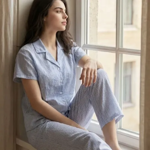short sleeve button front striped long pants pajama set xlkte-155 front view