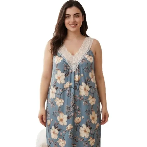 plus size sleeveless lace trim printed nightdress xlkl575 detail view