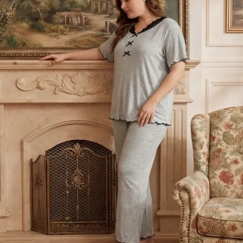 plus size short sleeve lace trim long pants pajama set xlkl567 lifestyle view