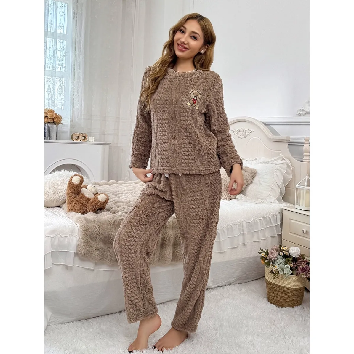 women coral fleece warm cartoon print pajama set xlk13419 lifestyle view