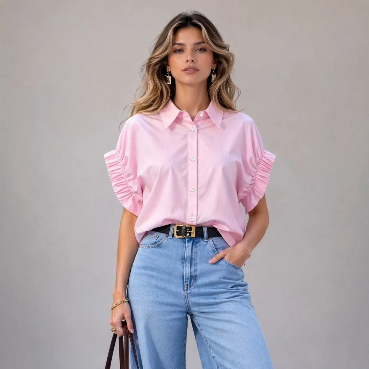 lapel collar cap sleeve ruched loose fit blouse xlk0112 front view