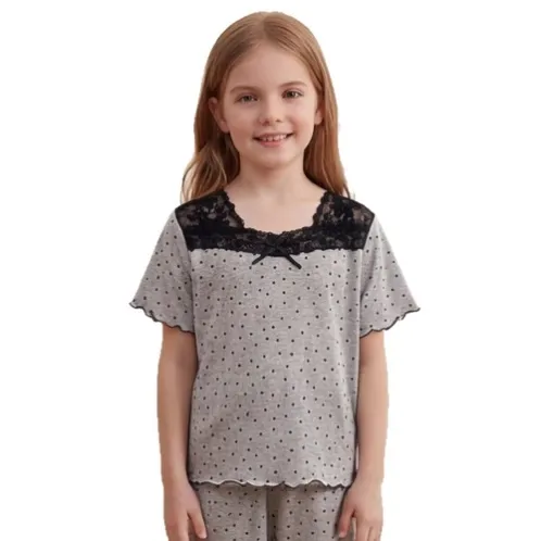 short sleeve lace trim polka dot pajama set xlkl581 detail view